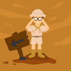 A little explorer with binocular. boy scout illustration