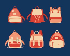 set of backpacks vector illustration. collection of various girl bags.