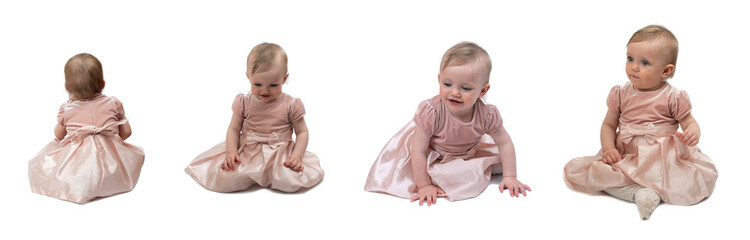 A one-year-old girl with with blonde hair and blue eyes. In a velvet pink-brown pastel dress and white tights. Different shooting angles and from the back. Different emotions. On a white background.