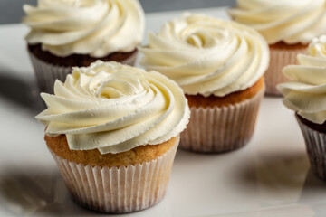 Cupcakes or muffins with cream. Holiday cake celebration, delicious dessert, close up