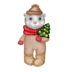 Watercolor polar bear with christmas tree. Hand drawn watercolor white bear in knitting scarf and hat. Winter animal isolated on white background. Xmas and New Year illustration.