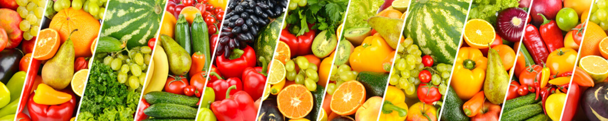 Panorama of fresh bright vegetables and fruits