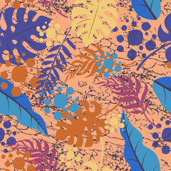 Naklejka premium Tropical seamless pattern. Trendy exotic pattern with plants and animal prints. A vibrant, modern floral pattern. Vector illustration.