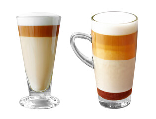 hot latte in glass on white background