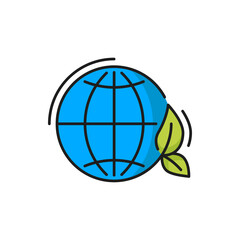 Earth planet with clean environment isolated world ecology, nature global protect sign thin line icon. Vector blue globe and green leaf, eco environment. Eco power, globe protection, worldwide ecology