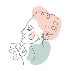 The graceful face of a girl with a flower drawn in one continuous line. One line drawing style. Fashionable vector illustration for cosmetics.