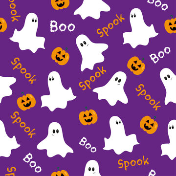 Halloween seamless pattern.  Cute ghosts and pumpkins on purple backround.
Good for textile print, wrapping and wall paper, decoration.