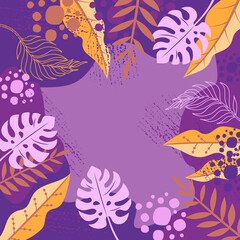 Bright abstract background with tropical leaves. Exotic plants trendy texture for your design. Banner in modern floral style. Vector illustration.