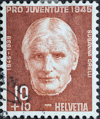 Switzerland - Circa 1945: a postage stamp printed in the Switzerland showing a portrait of the...