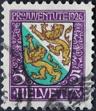 Switzerland - Circa 1926: a postage stamp printed in the Switzerland showing two lions on the coat of arms of the Canton of Thurgau on a charity postal stamp