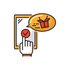 Mobile food delivery application with lunch box isolated cartoon icon. Vector online orders, takeaway takeout meal. Fast food deliver shipping services, cafe restaurant orders in smartphone