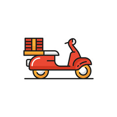 Fototapeta premium Bicycle or bike of courier, food delivery services isolated flat icon. Vector shipping services and fast online order, red color motor bicycle. Courier cycle, box with ordered lunch or dinner