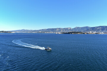 Pilot boat in the bay of the city of Toulon. France.