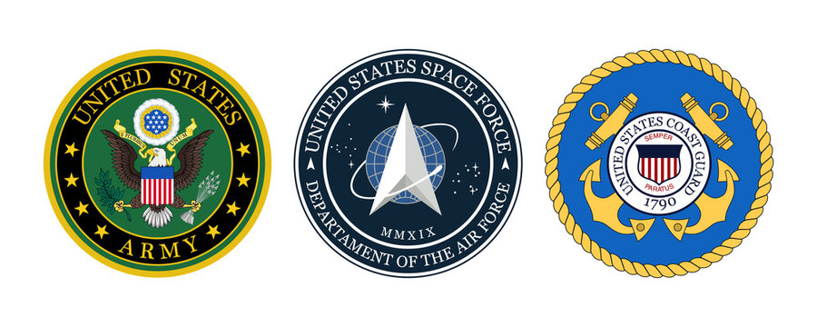 A set of realistic vector logos of the United States Army, US Space Force, US Coast Guard