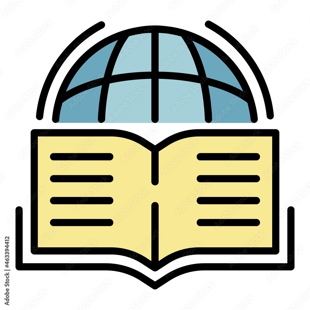 Poster globe and textbook icon. outline globe and textbook vector icon color flat isolated