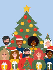 Chrismas, New year party vector illustration. Diverse people standing near Christmas tree. Cartoon characters. Christmas postcard. 