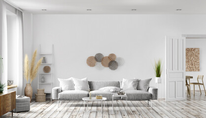 Modern scandinavian style interior of living room with gray sofa, white wall with door, home design 3d rendering - obrazy, fototapety, plakaty