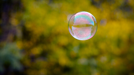 multicolored soap bubble on a yellow background. Soap bubble. Isolated on yellow, autumn colors. reflex, detailed, close-up. multi-colored ball flies. holiday concept, childhood. close-up