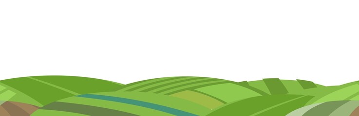 Rural landscape with garden farmer hills. Cute funny cartoon design. Horizontally background seamless illustration. Flat style. Isolated Vector.