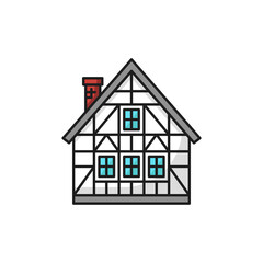 Fototapeta premium Mountain chalet Switzerland traditional building isolated flat line icon. Vector Swiss half-timbered cottage, family summer house. Wooden hut dwelling for booking, sale or rent, country home