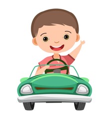 Kid drives a car. Green childrens automobile. Toy vehicle. With a motor. Nice passenger auto. Pedal or electric. Isolated on white background. Vector
