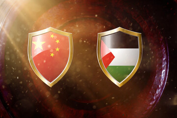 Fototapeta premium china and United Arab Emirates flag in golden shield on copper texture background.