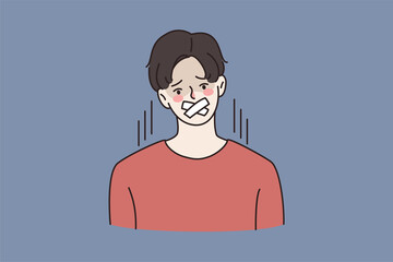 Portrait of young man with scotch tape on mouth prohibited to talk speak. Businessman with sealed lips with plasters. Boycott, censorship, speech freedom. Flat vector illustration, cartoon character. 