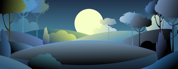 Silhouette night landscape. Big moon. Moonlight. Darkness. Cartoon style. Hills with grass and trees. Black shadows. Cool romantic pretty. Flat design background illustration. Vector art © Ирина Мордвинкина