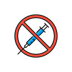 Vaccine refusal, rejecting preventive coronavirus covid isolated color thin line icon. Vector anti vaccination, no vaccine, own healthy immune system, anti-vaccination protest. Syringe forbidden sign