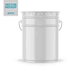 White glossy metal paint bucket mockup. Vector illustration.