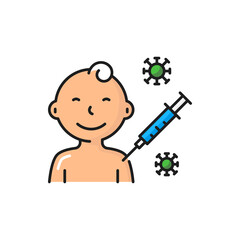 Covid-19 virus children vaccination, shot in human child shoulder isolated color line icon. Vector antiviral injection to young person at hospital. Vaccinating baby, syringe with coronavirus vaccine