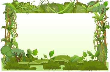 Jungle frame. Green tropical trees, herbs and shrubs. Flat cartoon style. Green exotic landscape. Isolated on white background. Lianas and palms. Vector.