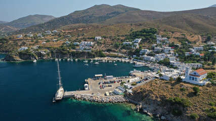 Fototapeta na wymiar Aerial drone photo from picturesque main port of Skiros or Skyros island, Sporades, Greece