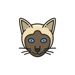 Cat animal face portrait, siamese kitten isolated color line icon. Vector asian Thailand feline domestic animal head. Funny happy cat head portrait, fur face portrait of thai kitten with mustaches