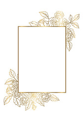 薔薇の花を装飾したデザインのフレーム　テンプレート素材　金色の線画　白い背景