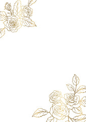 薔薇の花を装飾したデザインのフレーム　テンプレート素材　金色の線画　白い背景