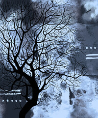 Naked tree in dark winter night. Digital lines hand drawn picture with watercolour texture. Mixed media artwork.