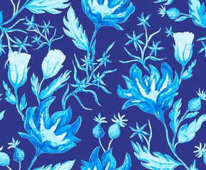 Handmade watercolor pattern tile with flowers,buds, inflorescences background. Colorful hand painted water color illustration with vintage flowers. European design