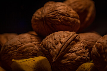 Close up of separated group of walnuts on top of yellow leaves in dark scene luminated by yellow light. Shape and roughness of the walnut perfectly visible. Selective focus. Walnut isolated photo