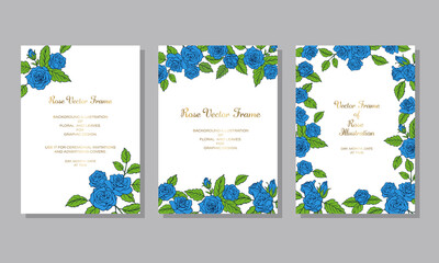 青い薔薇の花を装飾したデザインのフレーム　テンプレート素材　白い背景　3点セット