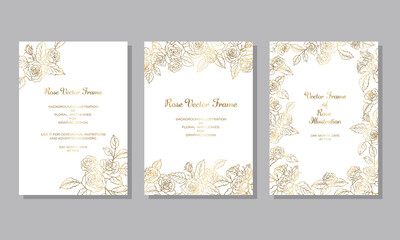 薔薇の花を装飾したデザインのフレーム　テンプレート素材　金色の線画　白い背景　3点セット