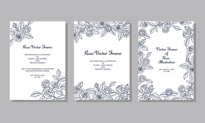 薔薇の花を装飾したデザインのフレーム　テンプレート素材　線画のイラスト　白い背景　3点セット
