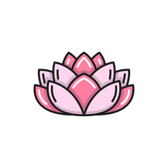 Fototapeta premium Pink lotus flower isolated water lily color line icon. Vector Thailand or Thai plant. Spa emblem, waterlily. Blooming exotic Buddhism symbol of harmony and wellbeing, lily blossom, asian bloom