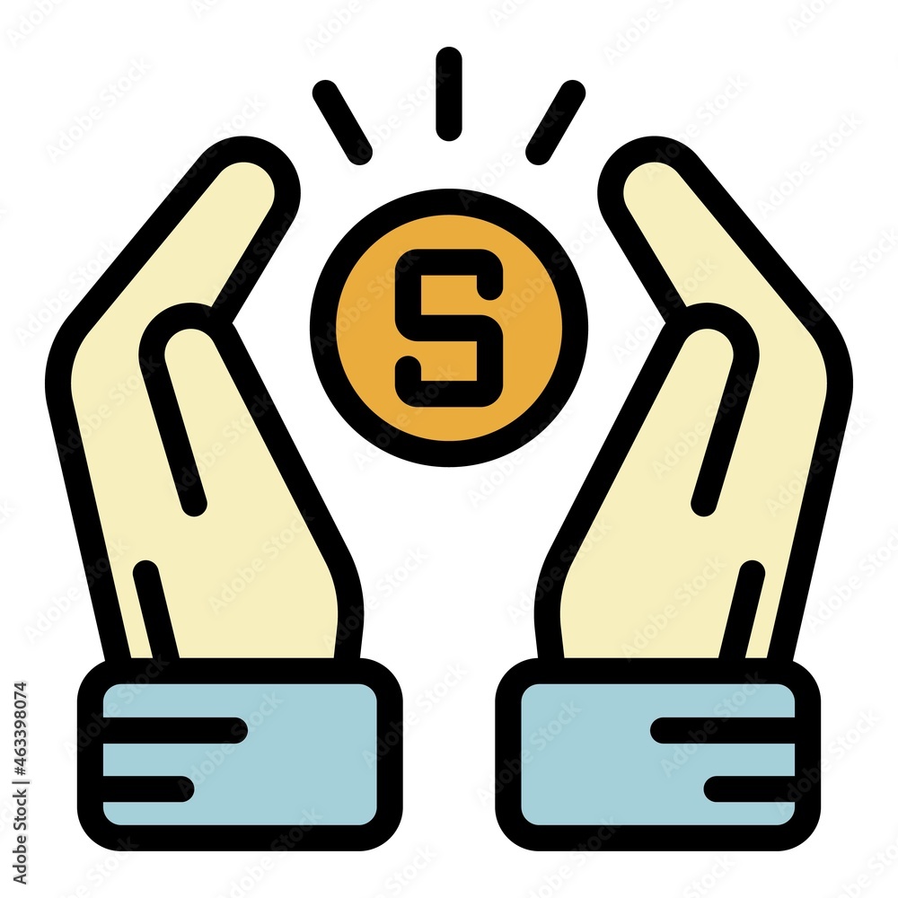 Poster coin between two palms icon. outline coin between two palms vector icon color flat isolated