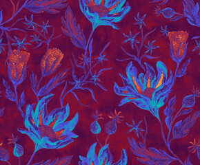 Handmade watercolor pattern tile with flowers,buds, inflorescences background. Colorful hand painted water color illustration with vintage flowers. European design