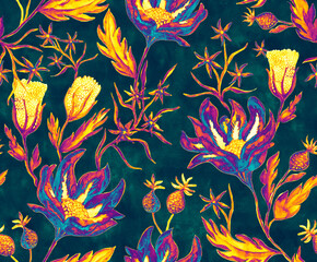 Handmade watercolor pattern tile with flowers,buds, inflorescences background. Colorful hand painted water color illustration with vintage flowers. European design