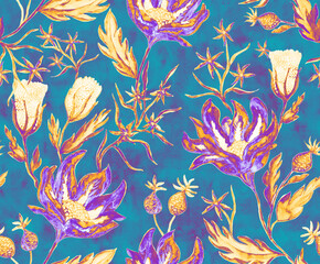 Handmade watercolor pattern tile with flowers,buds, inflorescences background. Colorful hand painted water color illustration with vintage flowers. European design