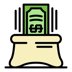 Banknote in bag icon. Outline banknote in bag vector icon color flat isolated