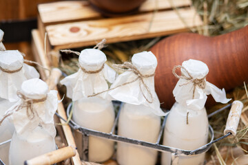 breakfast delivery,bottles of milk in crates before shipment from a natural farm