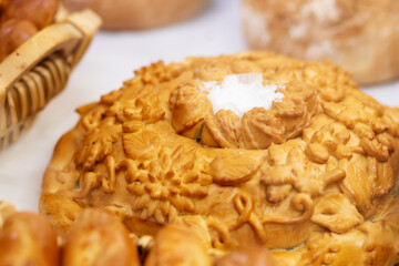 loaf russian traditional wedding bread, original pastry bun with decorations